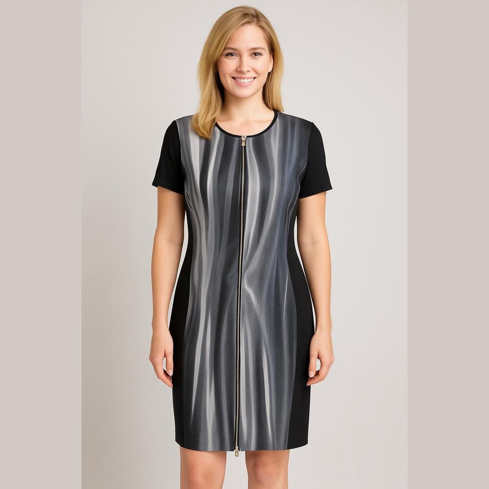 T Tahari Gray Black Spacedye Exposed Front Zip Career Chic Sheath Dress 8